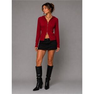 Sweater Project Solid Red with Grey Trim Double Zip Up Knit Sweater Hoodie M
